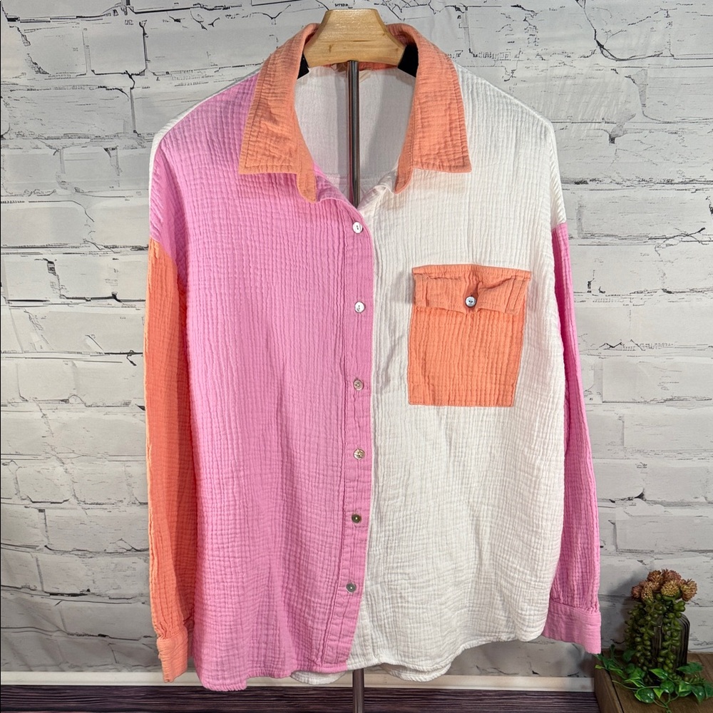 ENTRO, Oversized, Color-blocked, Button-Up, L/S, Collared Shirt, Cotton Gauze, L
